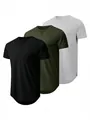 Set of 3 men's athletic t-shirts in black, olive, and grey with curved hem. - S / Tops / 3-Pack / Black, Light Gray and Army Green