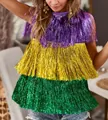Detail of a Mardi Gras metallic fringe top featuring vibrant purple, gold, and green layers. - One Size / Tops / Purple/Gold/Green