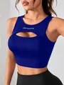 Deep blue women's athletic crop top featuring a front cutout and white "Dream" letter print. - S / Tops / Dark Blue