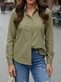 Front view of an olive green long-sleeved shirt for women in a professional office setting - Olive Green