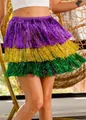 Detailed view of the vibrant three-tiered metallic tinsel fringe skirt for carnival - S / Bottoms / Purple/Gold/Green