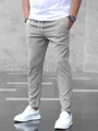 Front view of men's slim fit light gray casual cropped pants with drawstring waist - S / Bottoms / Gray