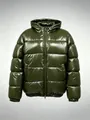 Shiny olive green men's hooded puffer jacket with premium quilted design - S / Tops / Dark Green