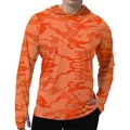 Detail of orange camouflage sun protection hoodie with never give up text pattern - S / Tops / Orange Camouflage Print