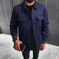 Macro view of navy blue woolen casual jacket featuring stylish lapel and front pockets - S / Tops / Navy Blue