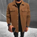 Close-up detail of a men's brown thick wool jacket with lapel and chest pockets - S / Tops / Khaki