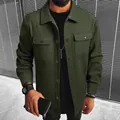 Stylish men's army green wool jacket featuring a lapel collar and flap chest pockets. - S / Tops / Army Green