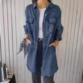 Loose long-sleeved denim-look shirt jacket for women in washed blue color - S / Tops / Dark Blue