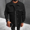 Detail of man wearing black solid wool jacket with turn-down collar and pockets - S / Tops / Black