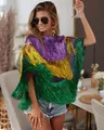 Mardi Gras metallic fringe poncho party top with purple, gold, and green tiered tinsel - One Size / Tops / Purple/Gold/Green