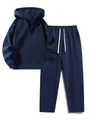 Donkerblauw trainingspak met hoodie met halve rits en bijpassende joggingbroek set. - S / Boven- En Onderstuk / Marineblauw