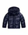 High-gloss navy blue hooded puffer jacket for women with padded winter insulation - S / Tops / Dark Blue