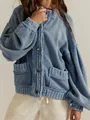 Detailed shot of a vintage light blue loose-fitting knitted cardigan jacket for women - Light Blue
