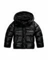 Detailed view showing the glossy texture of a black hooded puffer winter jacket. - S / Tops / Black