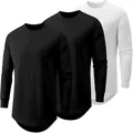 Vue détaillée de t-shirts à manches longues pour hommes avec col rond et ourlet courbé - S / Hauts / 3 Pièces/Pack (2 Noir, 1 Blanc) / Noir, Blanc