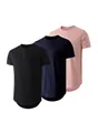 Pack of three men's athletic t-shirts in black, navy, and pink with curved hem - S / Tops / 3-Pack / Black, Navy Blue, Pink (HTC-03)