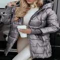 Stylish metallic silver hooded winter jacket for women featuring a quilted star pattern detail - S / Tops / Gray