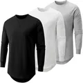 Men's long sleeve solid color T-shirts in black, white, and grey with curved hem. - S / Tops / Black, White and Light Gray