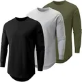 A detailed view of three men's long-sleeved t-shirts in black, grey, and olive green. - S / Tops / Black, Light Gray and Army Green