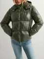 Detailed view of women's glossy dark olive green hooded puffer jacket for winter - Army Green