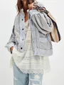 Detailed view of women's loose light blue knit cardigan jacket with layered lace top - S / Tops / Light Gray
