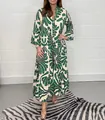 Elegant green floral print long sleeve maxi dress with button front for summer - S / Dresses / Green