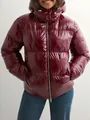 High-quality women's winter hooded shiny puffer jacket with a glossy burgundy finish. - Red