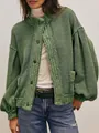 Close-up of green oversized knit cardigan with lantern sleeves and button details. - S / Tops / Army Green