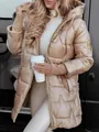 Stylish champagne gold mid-length hooded padded coat with triple zipper design for women. - Champagne