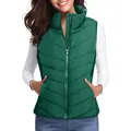 Gilet imbottito trapuntato verde scuro da donna con collo alto, caldo per l'aria aperta - Taglia S / Top / Verde Scuro