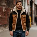 Men's sherpa-lined suede vest detail with four utility pockets in an urban street setting - S / Tops / Khaki