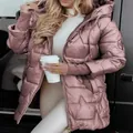 Chaqueta acolchada con capucha rosa metálico elegante para mujer, otoño e invierno - XS / Tops / Rosa