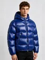 Hochwertige blaue Herren-Steppjacke mit Kapuze und glänzendem Finish für den Winter - 3XL / Oberteile / Blau