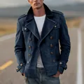 Full view of men's navy double-breasted jacket with decorative metal buttons - S / Tops / Dark Blue