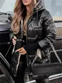 Stylish women's glossy black hooded puffer jacket with a modern mid-length design - XS / Tops / Black