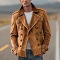 Detailed view of a stylish brown double-breasted suede jacket with epaulettes for men. - S / Tops / Brown