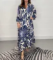 Bohemian style casual loose long maxi dress with blue and white wave print pattern - S / Dresses / Blue