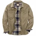 Front view of men's heavy khaki canvas jacket with plaid flannel lining and chest pockets - M / Tops / Gray
