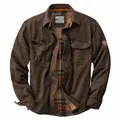 Durable men's heavy-duty brown canvas jacket featuring vintage plaid lining and chest pockets - M / Tops / Coffee