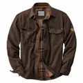 Durable men's heavy-duty brown canvas jacket featuring vintage plaid lining and chest pockets - M / Tops / Coffee