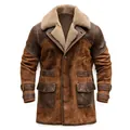 Classic vintage men's mid-length brown shearling coat with leather accents for winter. - S / Tops / Brown