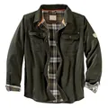 Detail of men's heavy-duty motorcycle jacket with plaid lining and olive green canvas - M / Tops / Army Green