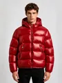 Men's premium glossy red puffer jacket with hood, high shine quilted winter outdoor coat - 3XL / Tops / Red