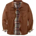 Close-up detail of a men's brown heavy-duty biker jacket featuring a plaid lining. - M / Tops / Brown
