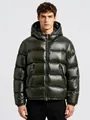 Men's glossy dark green hooded puffer jacket for winter outdoor activities - 3XL / Tops / Dark Green