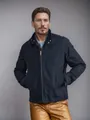 Front view of a men's stylish navy blue casual zip-up jacket with a stand collar - S / Tops / Navy Blue