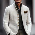 Detailed texture of men's slim fit stand collar jacket with brown pocket square - S / Tops / White