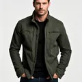 Detailed macro view of dark olive green men's cargo jacket with zippered chest pockets - S / Tops / Army Green