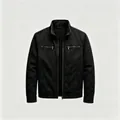 Front view of a sleek black men's racer jacket with multi-pocket functional design details - S / Tops / Black