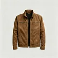 Detail view of a men's vintage brown utility jacket with zipper pockets and a stand collar. - S / Tops / Brown